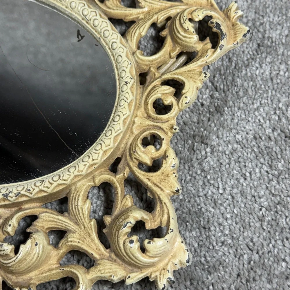Wilton Vanity Mirror Cream Ornate Rococo Cast Metal Tabletop Easel 12.5